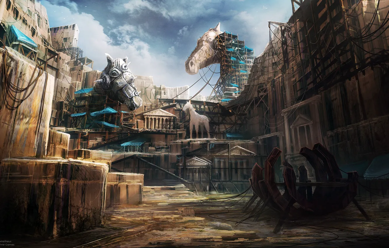 Photo wallpaper building, construction, Trojan Horses, Godfire, the city