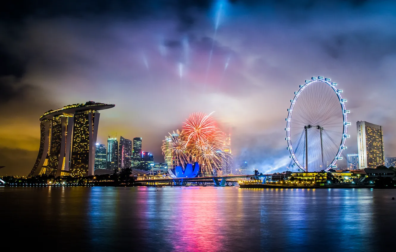 Photo wallpaper night, the city, holiday, salute, Singapore, fireworks, the hotel