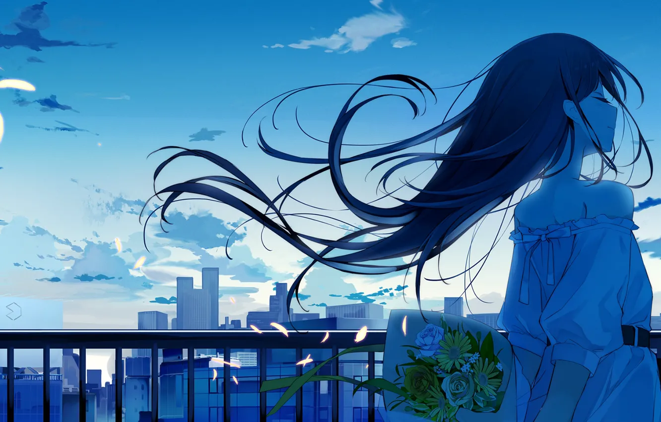 Photo wallpaper flowers, the city, the wind, bouquet, girl