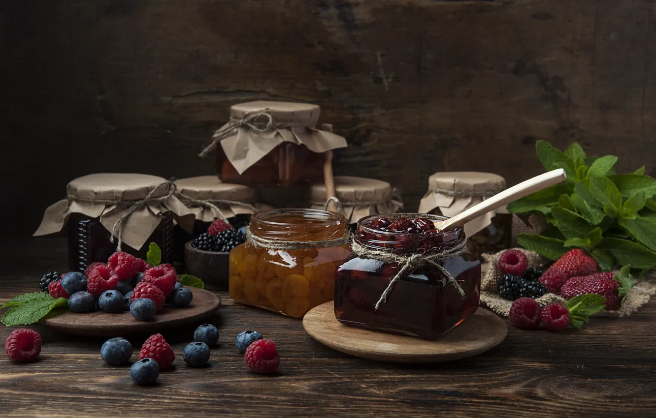 Photo wallpaper berries, raspberry, Board, blueberries, jars, Bank, still life, jam