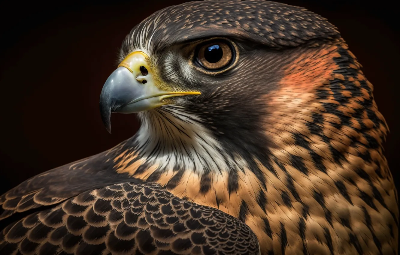 Photo wallpaper look, bird, predator, beak, black background, side, hawk, closeup
