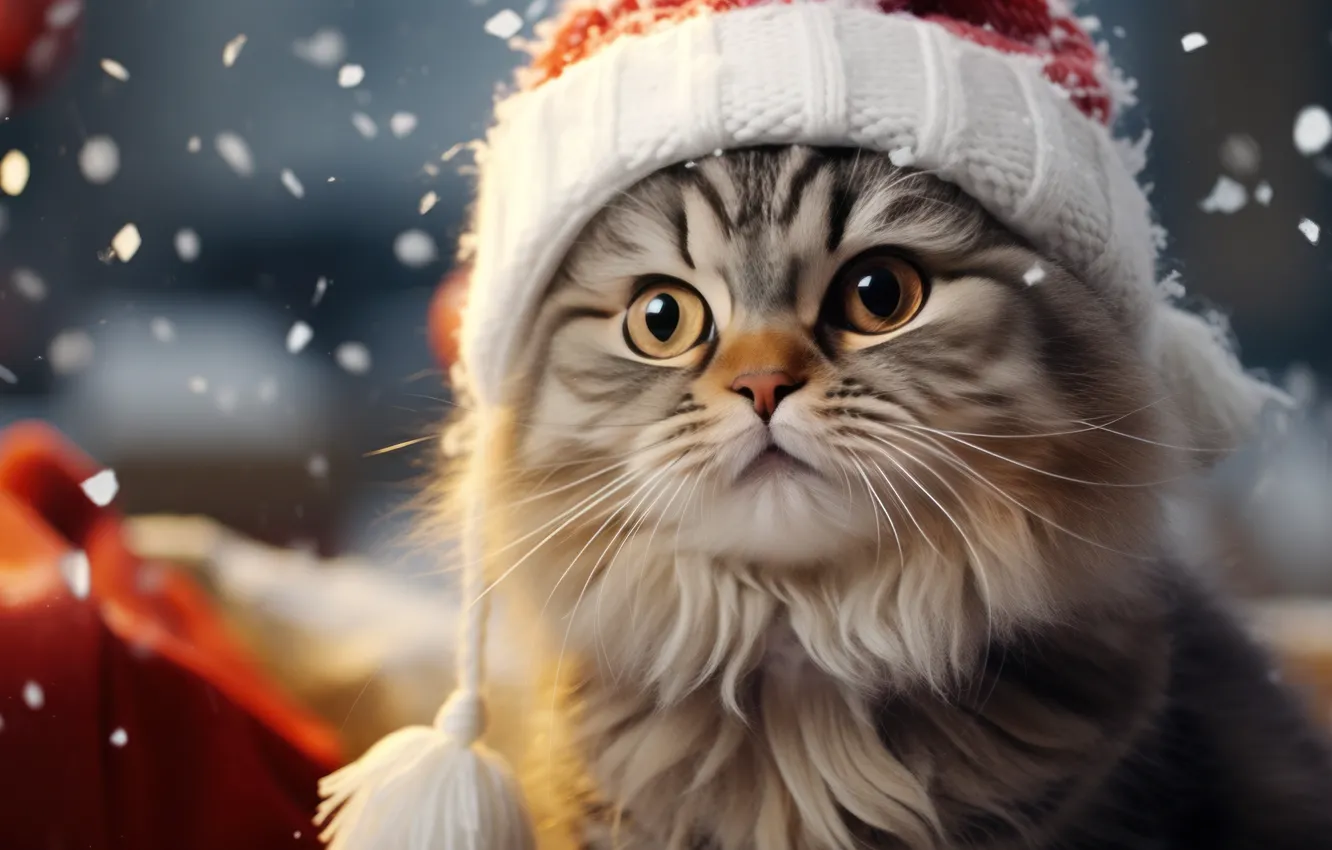 Photo wallpaper winter, cat, cat, snow, kitty, Christmas, New year, striped
