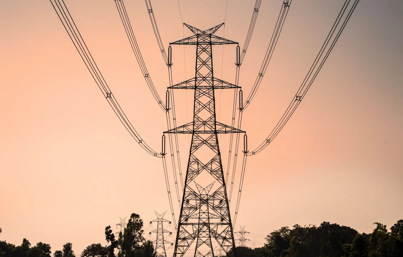 Photo wallpaper sunset, wire, tower, power lines, power line
