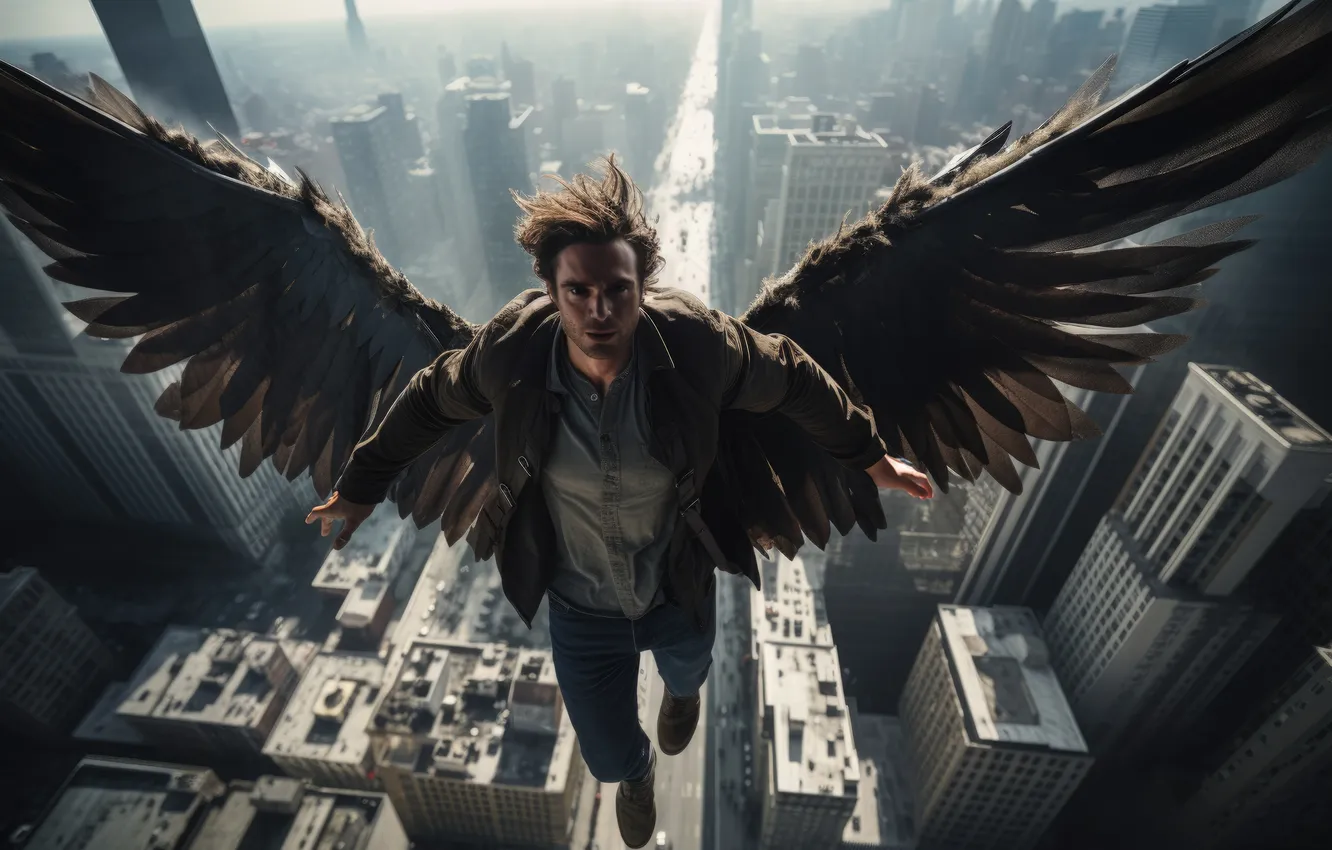Photo wallpaper flight, the city, home, wings, angel, skyscrapers, male, digital art