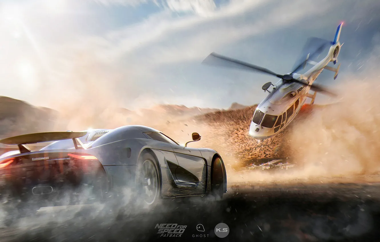 Photo wallpaper road, machine, dust, helicopter, Need for Speed: Payback