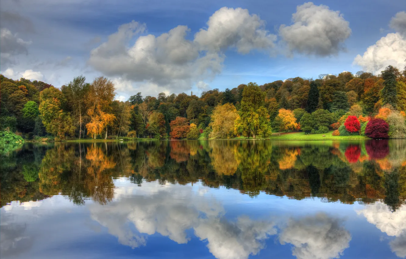 Photo wallpaper the sky, clouds, trees, lake, Park, reflection, foliage, Autumn