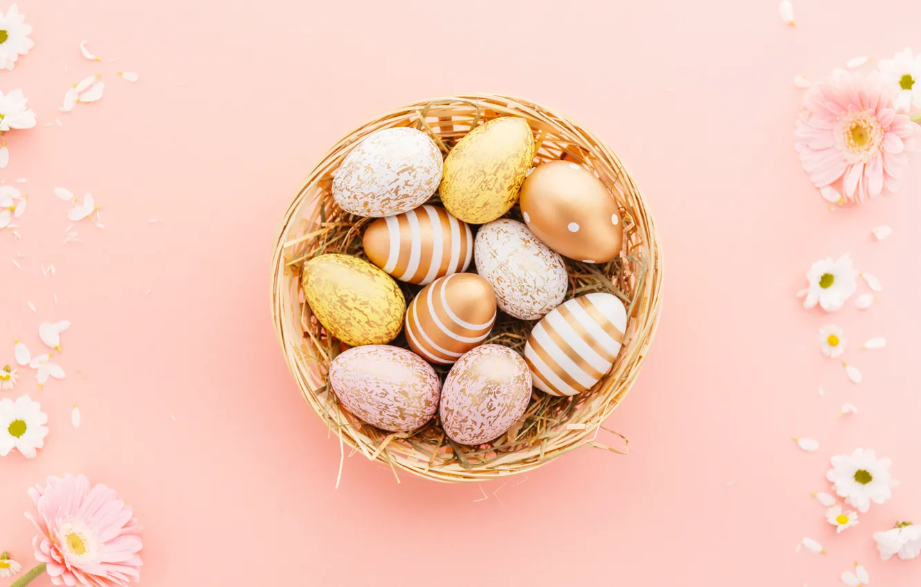 Photo wallpaper gold, bowl, flowers, eggs, holiday, straw, pink background, Easter