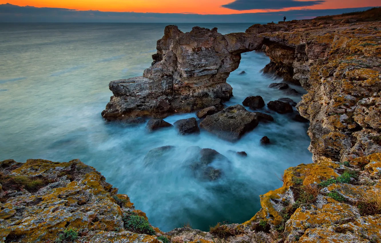 Photo wallpaper sea, beach, landscape, nature, sunrise, stones, rocks, shore