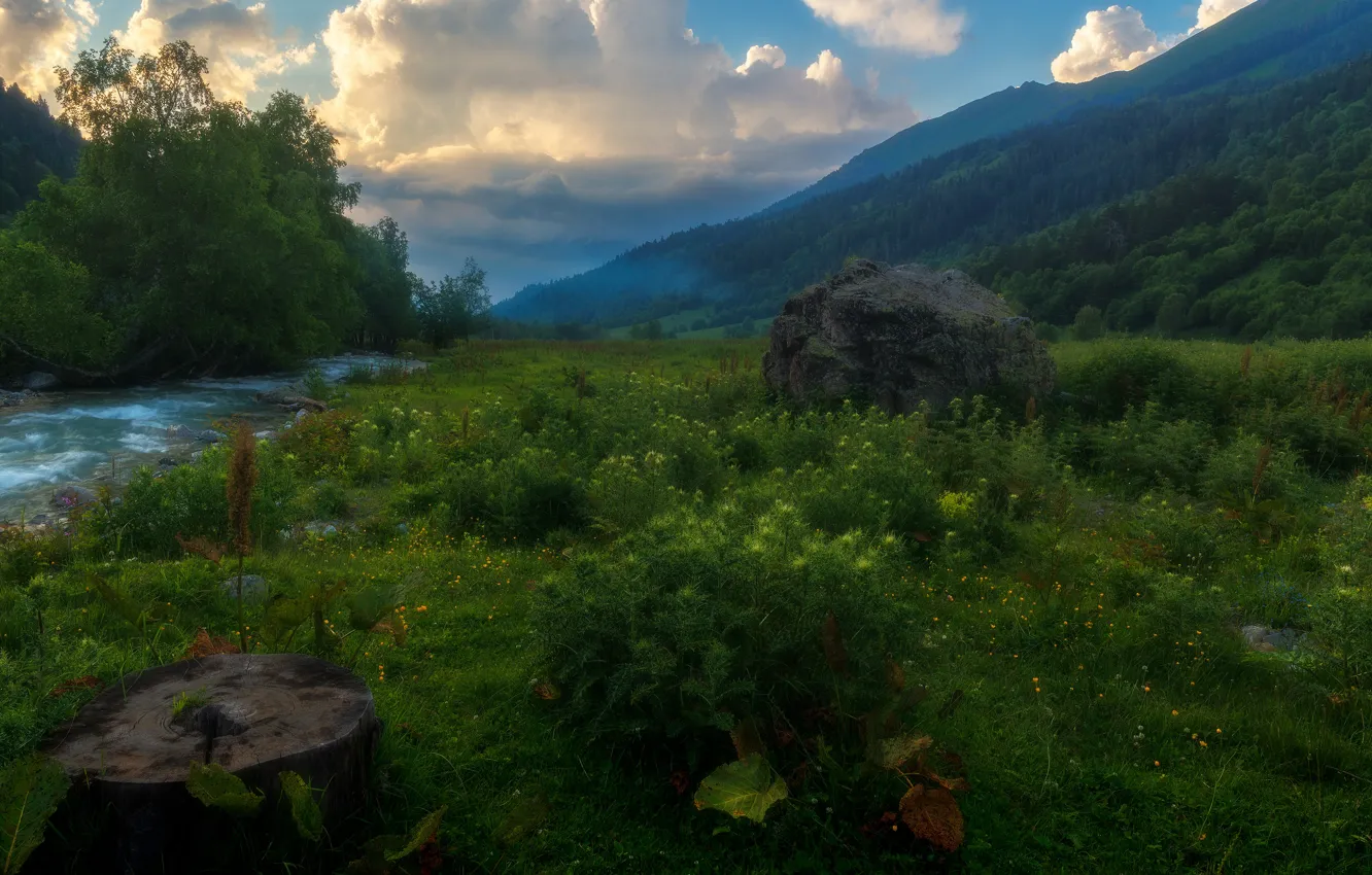 Photo wallpaper grass, clouds, landscape, mountains, nature, fog, stream, stones