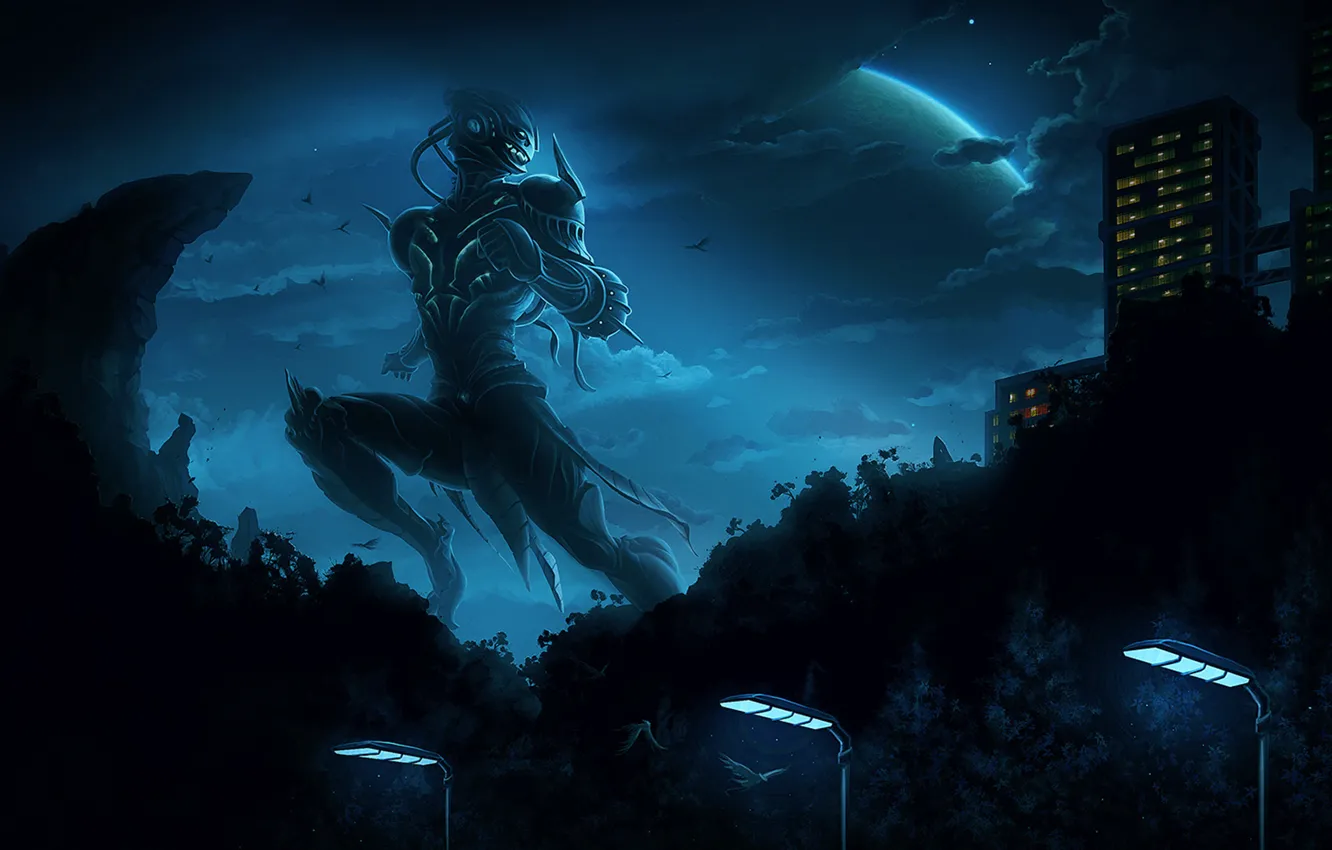 Photo wallpaper clouds, mountains, night, the city, fiction, planet, robot, home