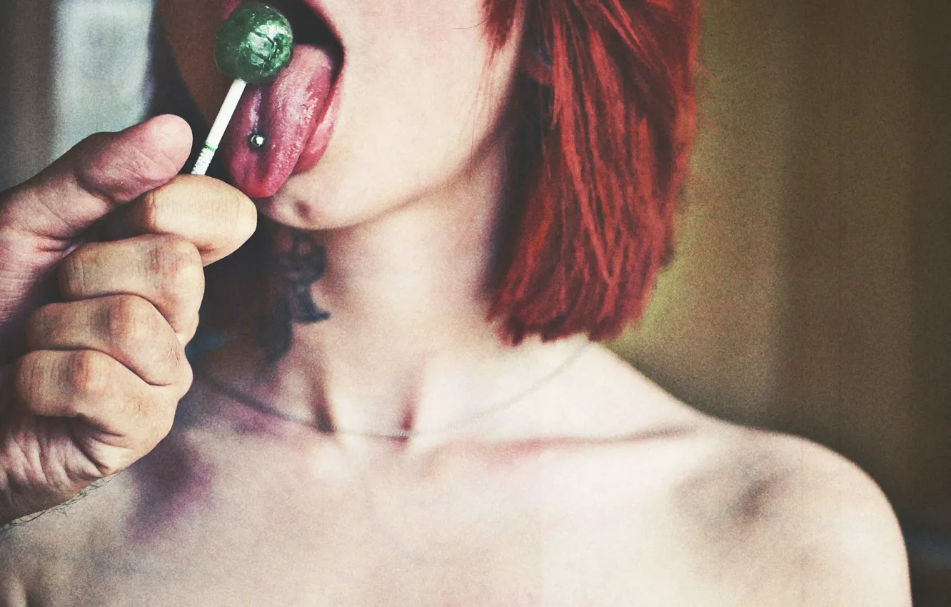 Photo wallpaper language, girl, mouth, piercing, red, Lollipop