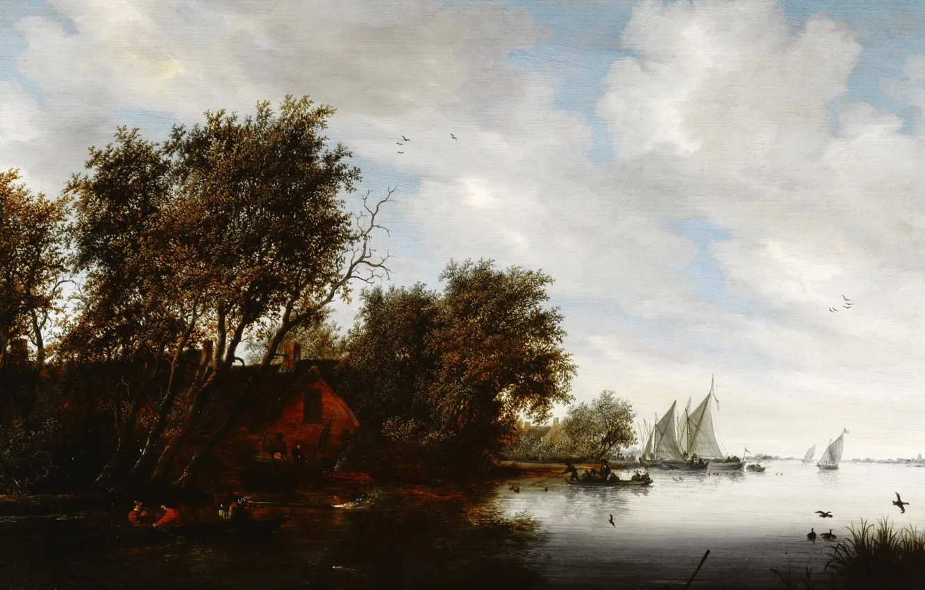 Photo wallpaper house, river, boat, picture, sail, Salomon van Ruysdael, Solomon van Ruisdael, River Landscape with a …