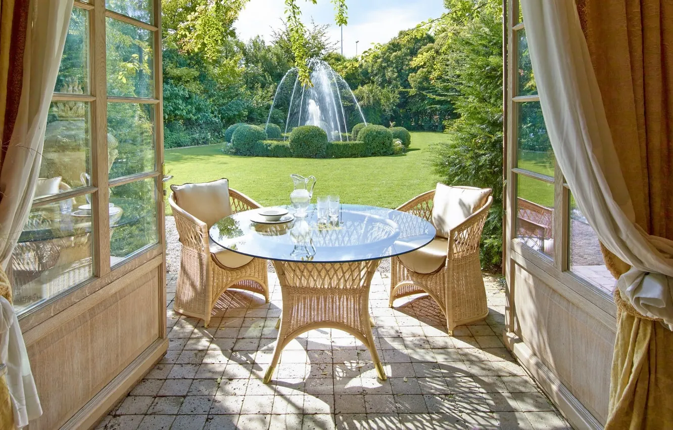 Photo wallpaper style, table, interior, yard, chair, fountain, terrace