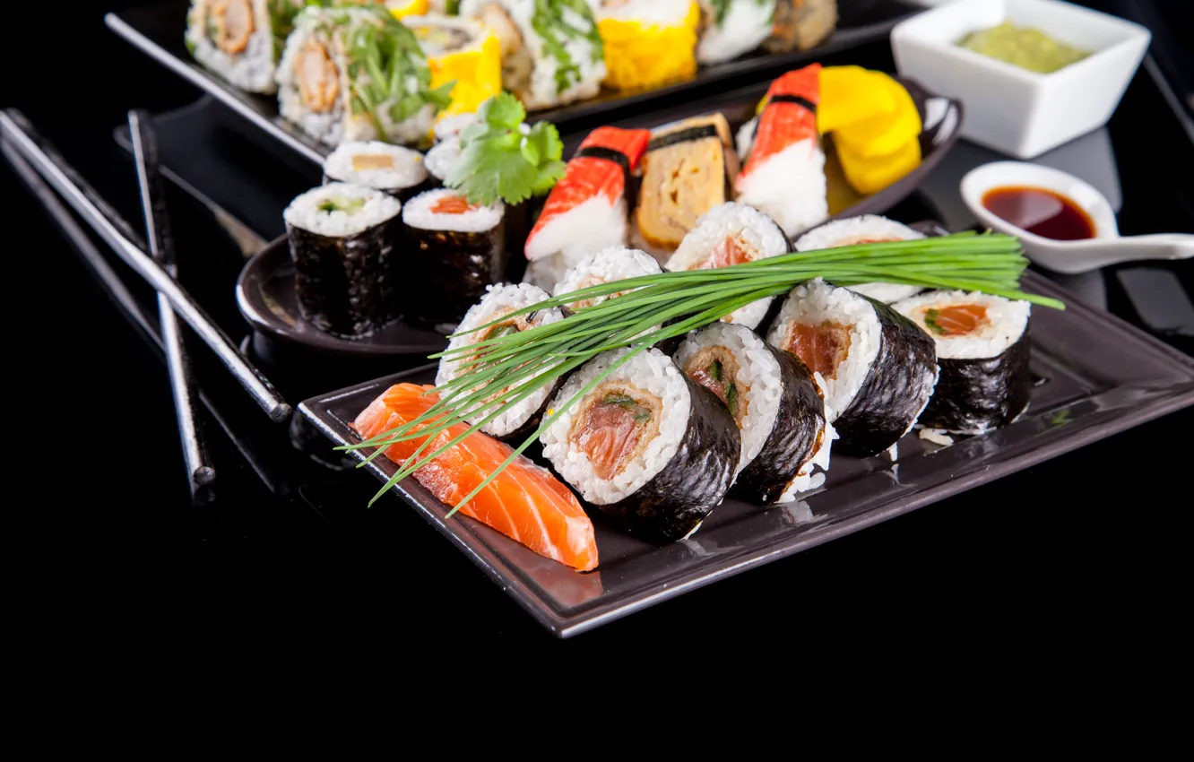 Photo wallpaper greens, bow, sushi, rolls, filling, Japanese cuisine