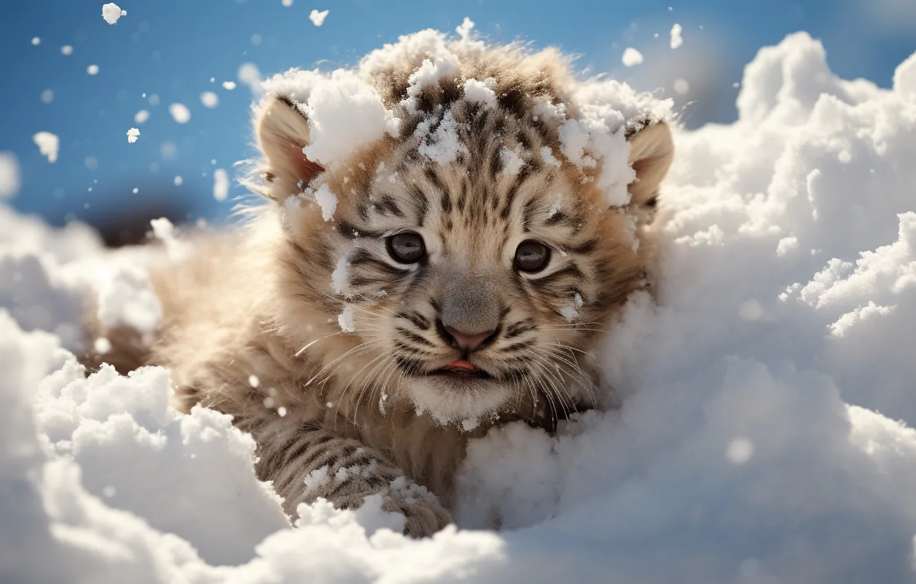 Photo wallpaper Look, Tiger, Snow, Kitty, Predator, Front, Digital art, Big cat