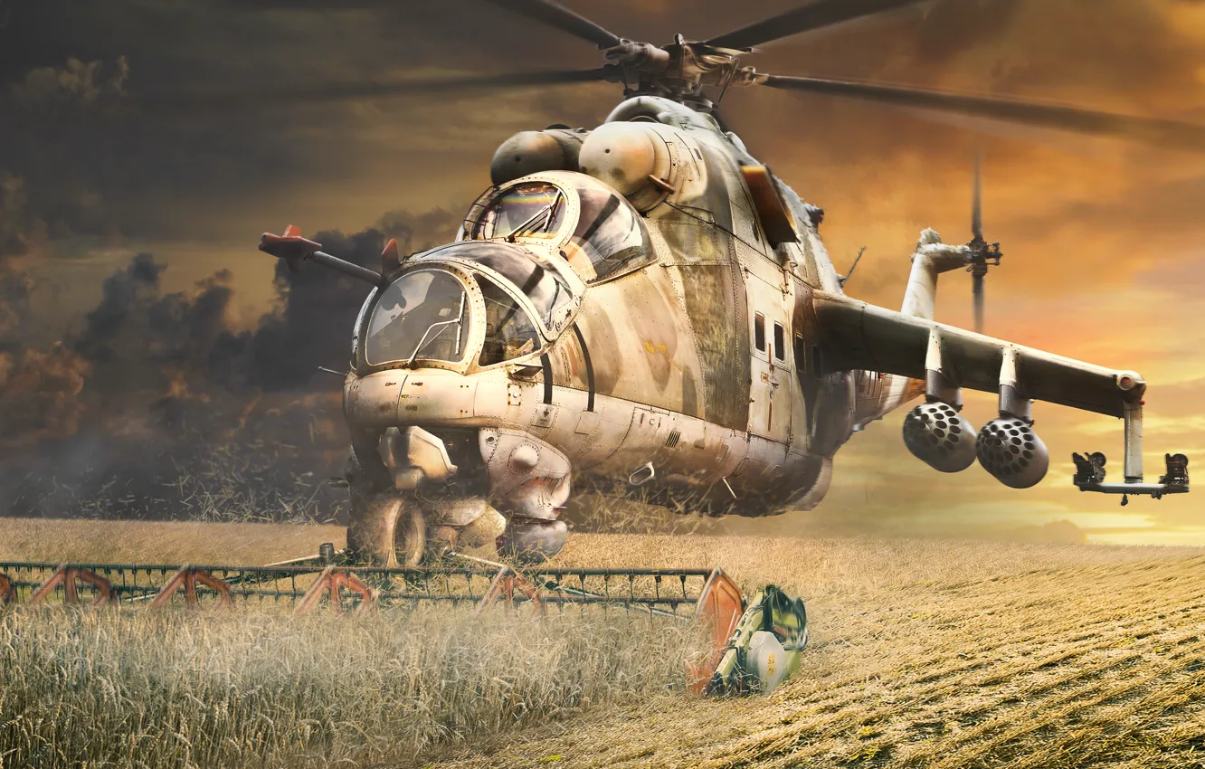 Photo wallpaper field, harvest, art, helicopter, cereals, Mi-24, lawn mower