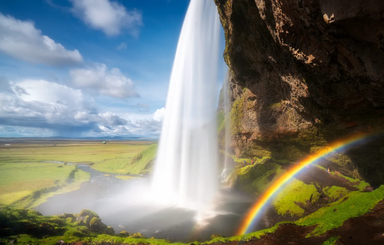Photo wallpaper rocks, waterfall, rainbow
