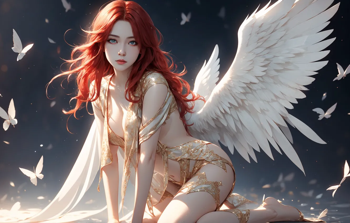 Photo wallpaper long hair, wings, butterfly, angel, women, redhead, digital art, insect