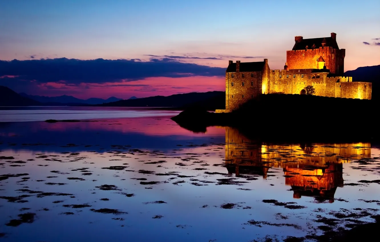Photo wallpaper the sky, water, sunset, clouds, reflection, castle, the evening, Scotland