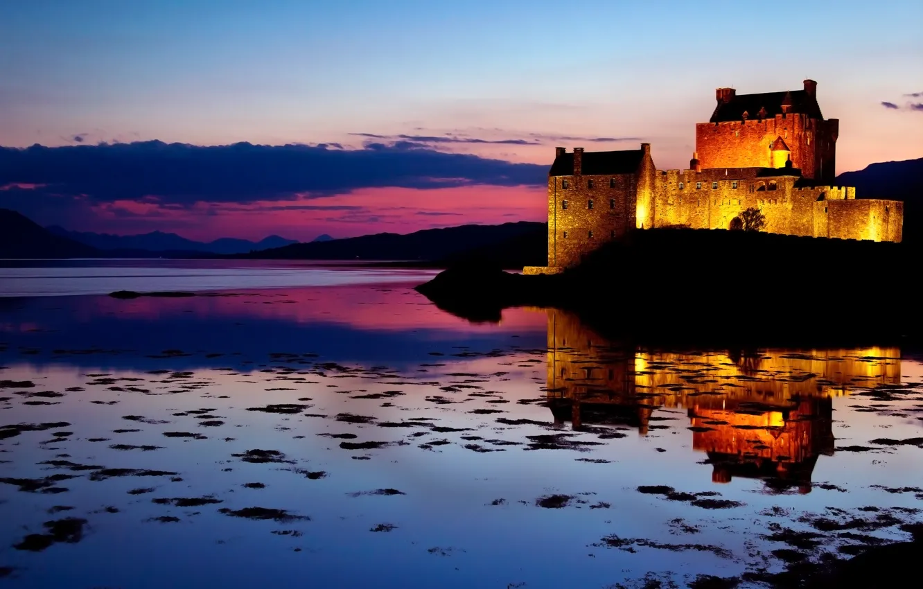 Photo wallpaper the sky, water, sunset, clouds, reflection, castle, the evening, backlight