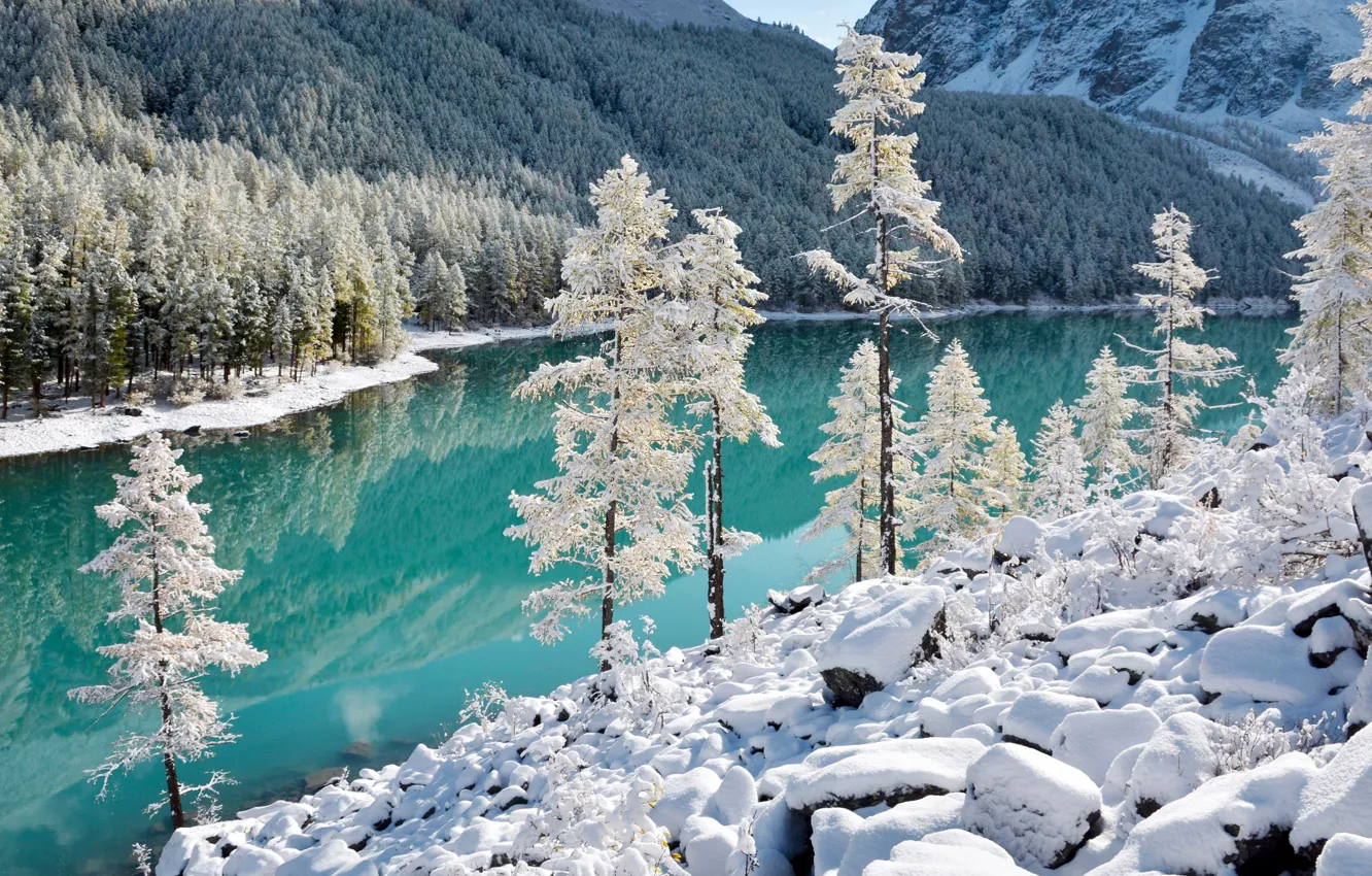 Photo wallpaper autumn, forest, snow, trees, landscape, mountains, nature, lake