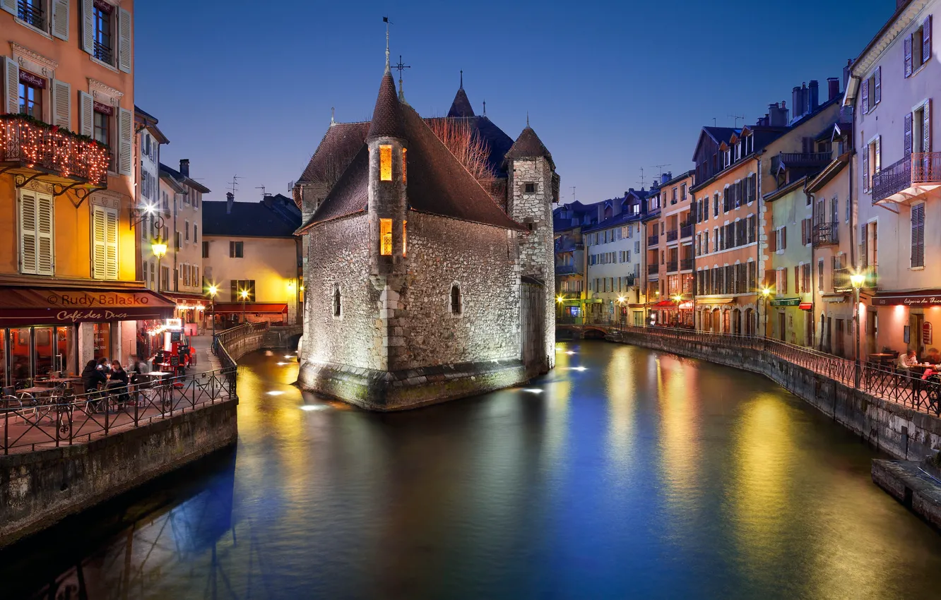 Photo wallpaper lights, France, home, the evening, channel, Annecy