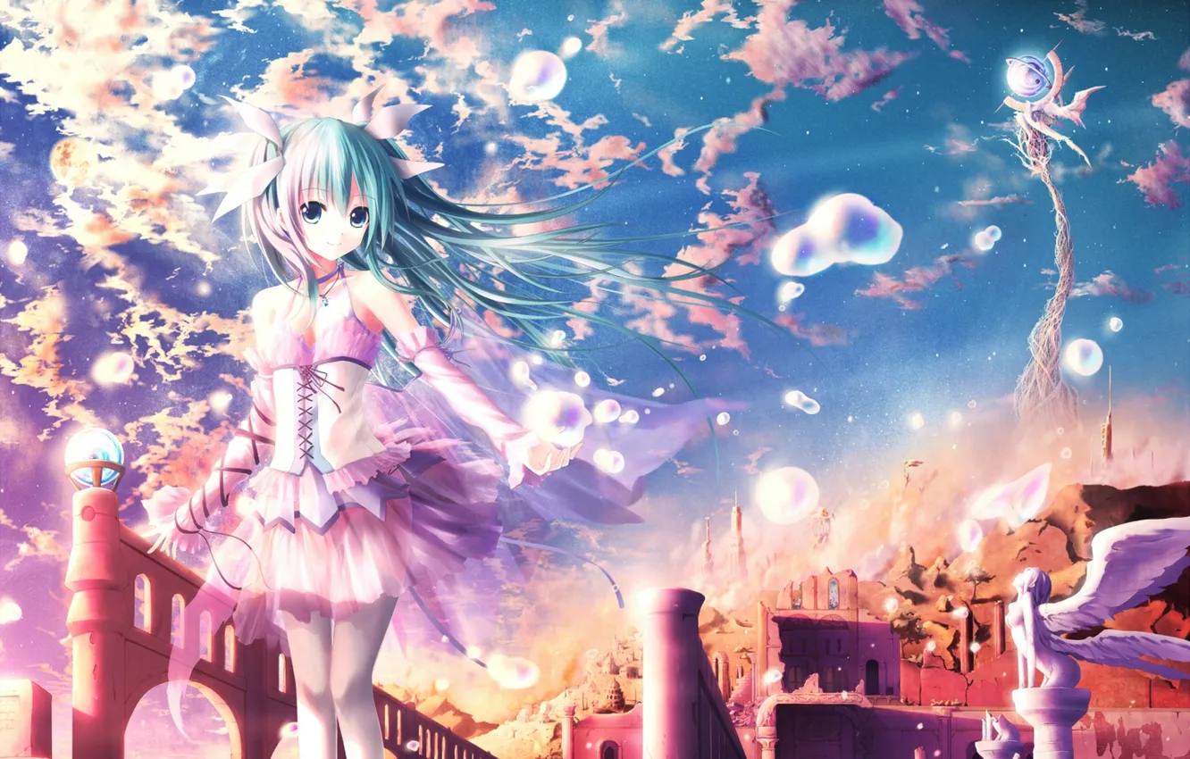 Photo wallpaper the sky, girl, clouds, sunset, smile, wings, anime, art