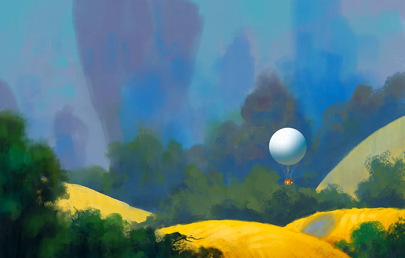 Photo wallpaper balloon, hills, art, painted landscape