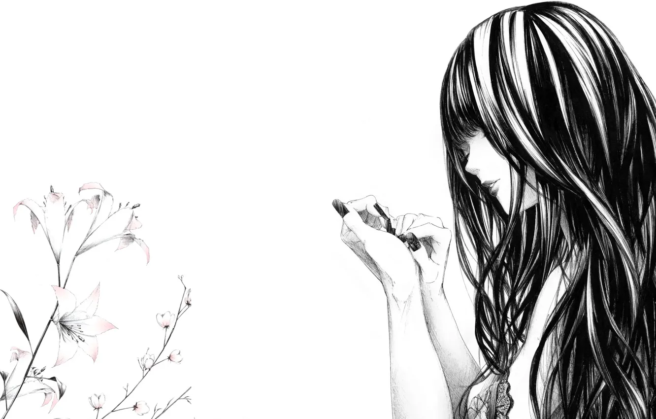 Photo wallpaper girl, flowers, figure, Lily, nails, art, monochrome, Sawasawa