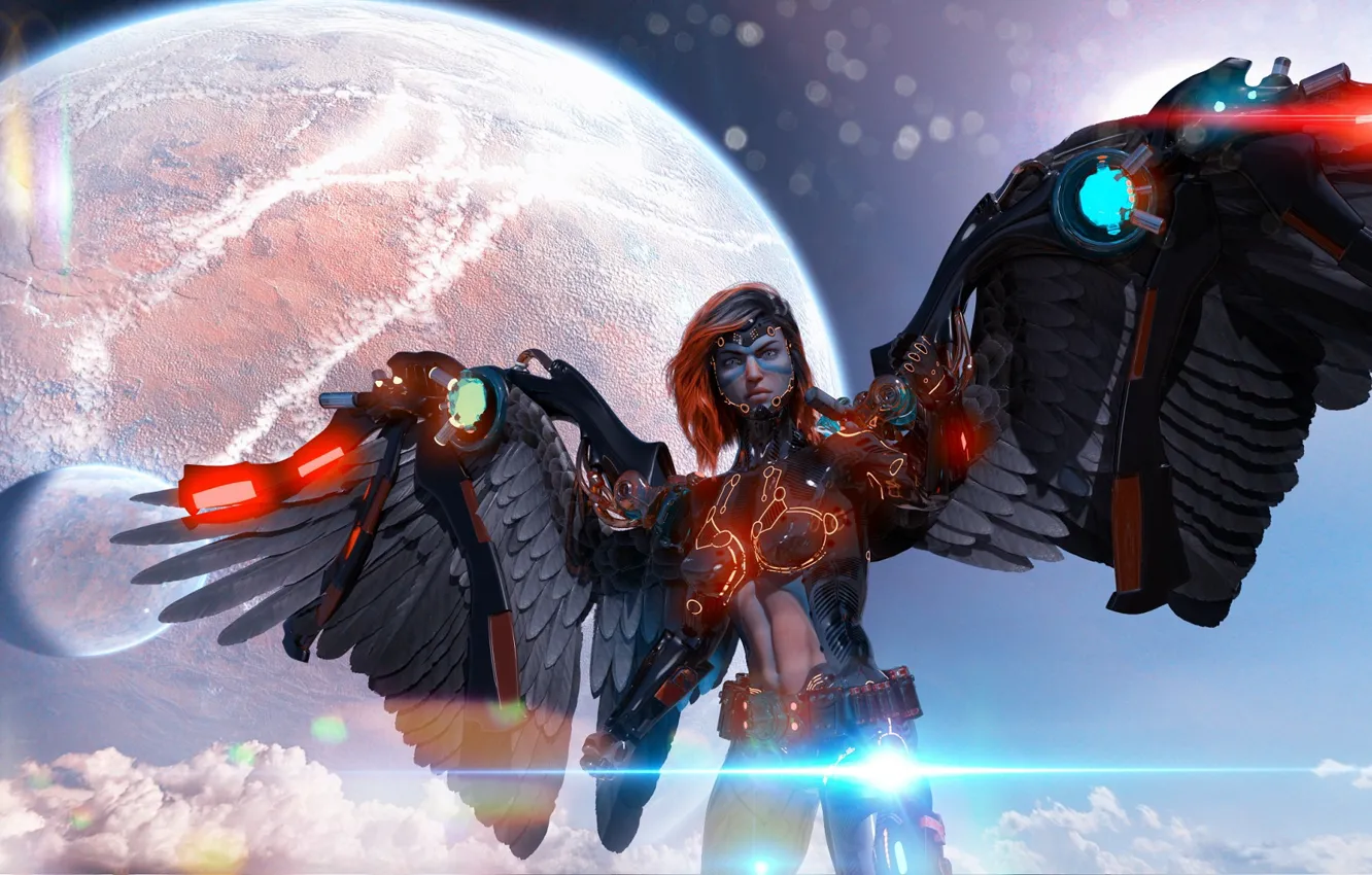 Photo wallpaper girl, space, fiction, angel, cyborg