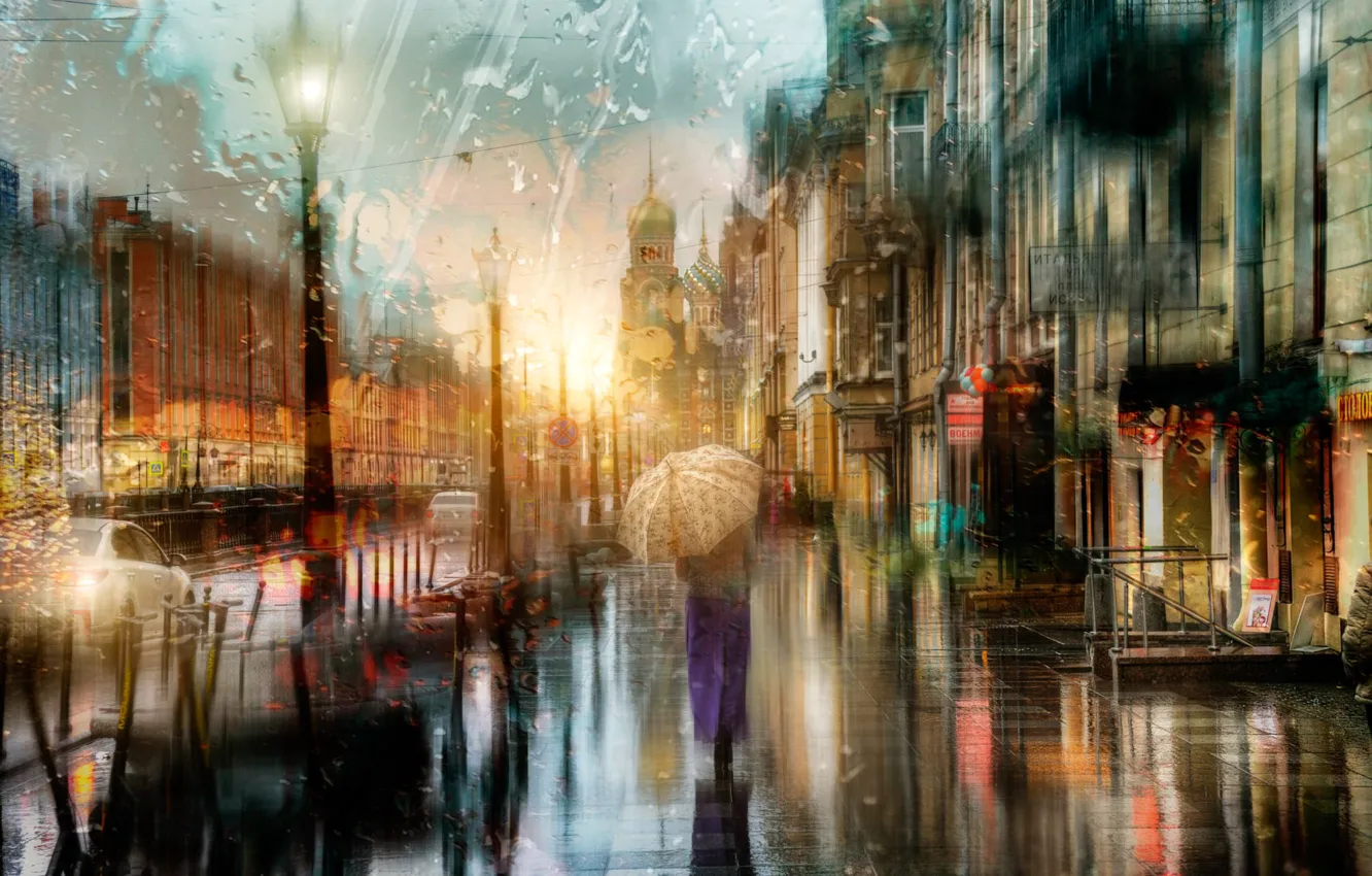 Photo wallpaper autumn, the city, rain, woman, umbrella, Peter, Saint Petersburg, Ed Gordeev