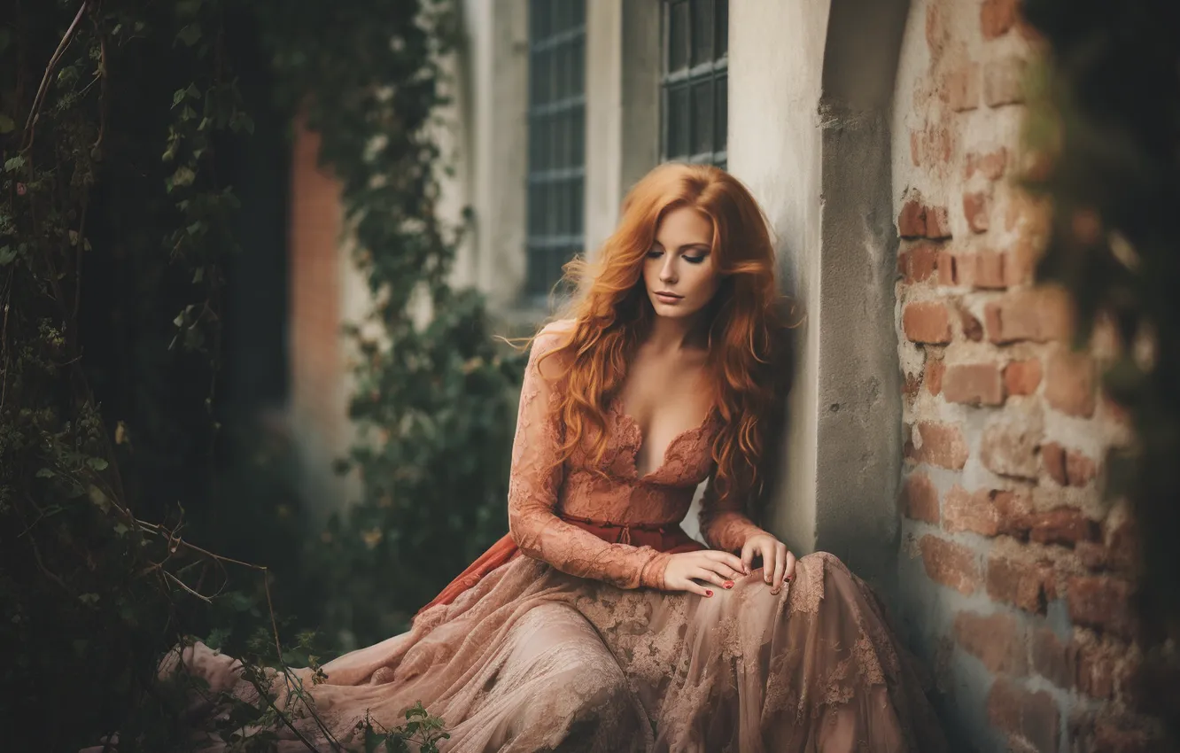 Photo wallpaper girl, nature, pose, castle, home, brick, dress, window
