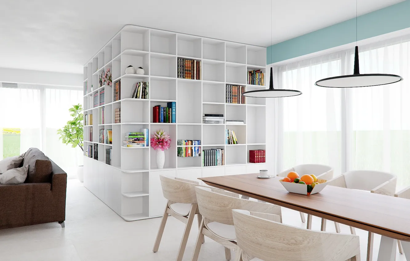 Photo wallpaper interior, library, living room, dining room
