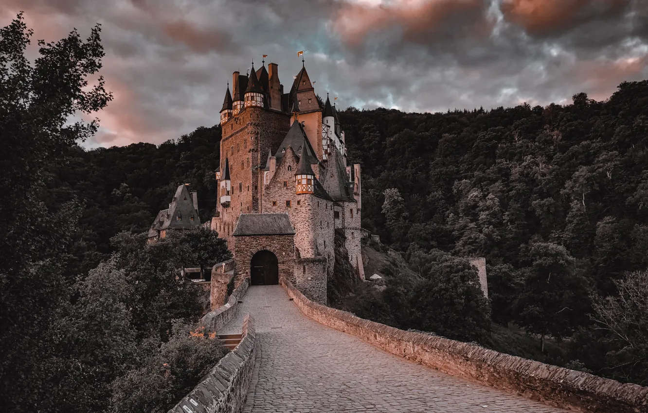 Photo wallpaper road, landscape, clouds, bridge, castle, Germany, forest, ELTZ