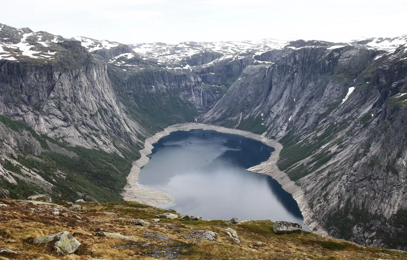 Photo wallpaper snow, mountains, lake, waterfall, NORWAY