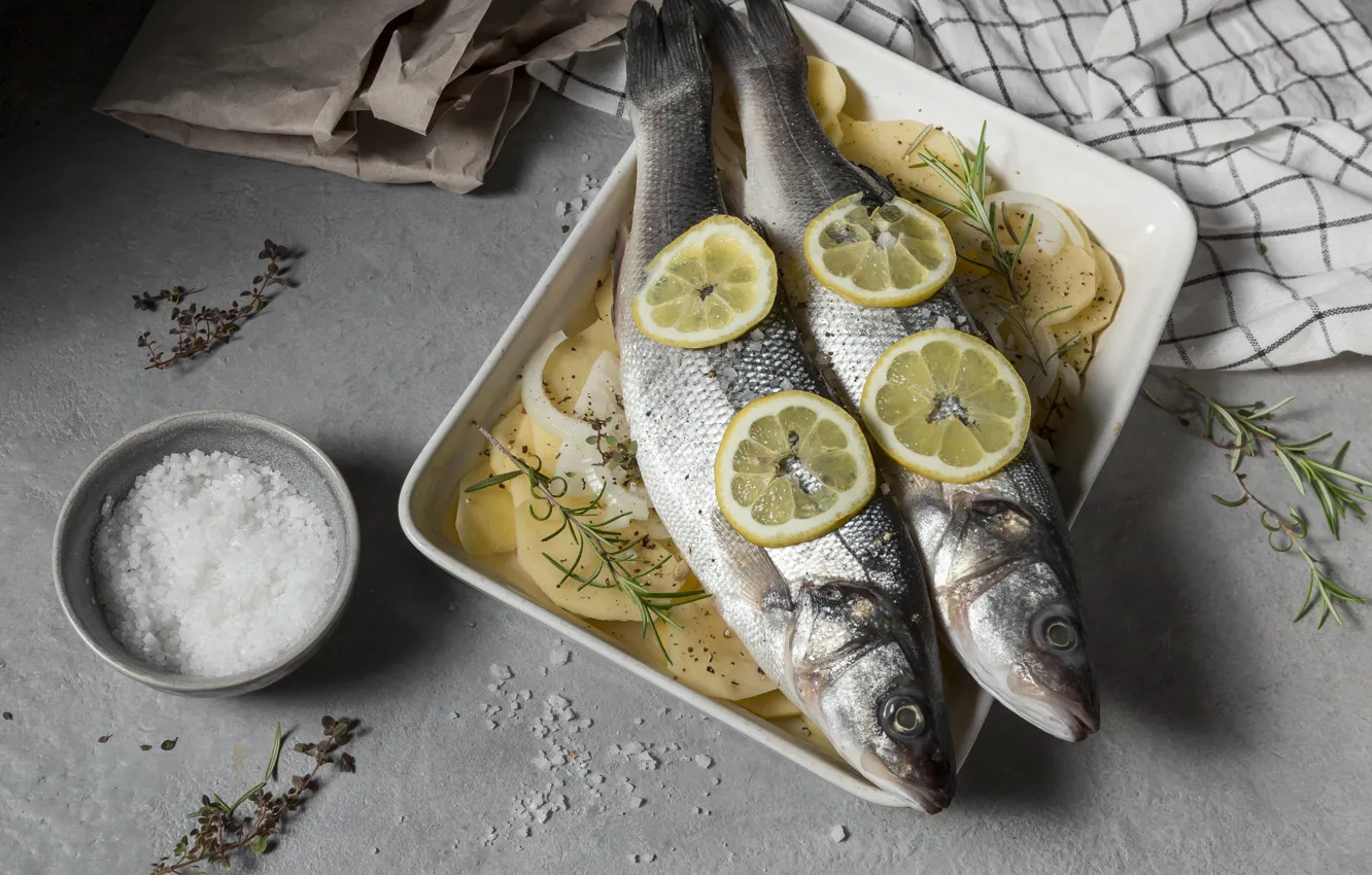 Photo wallpaper lemon, fish, plate