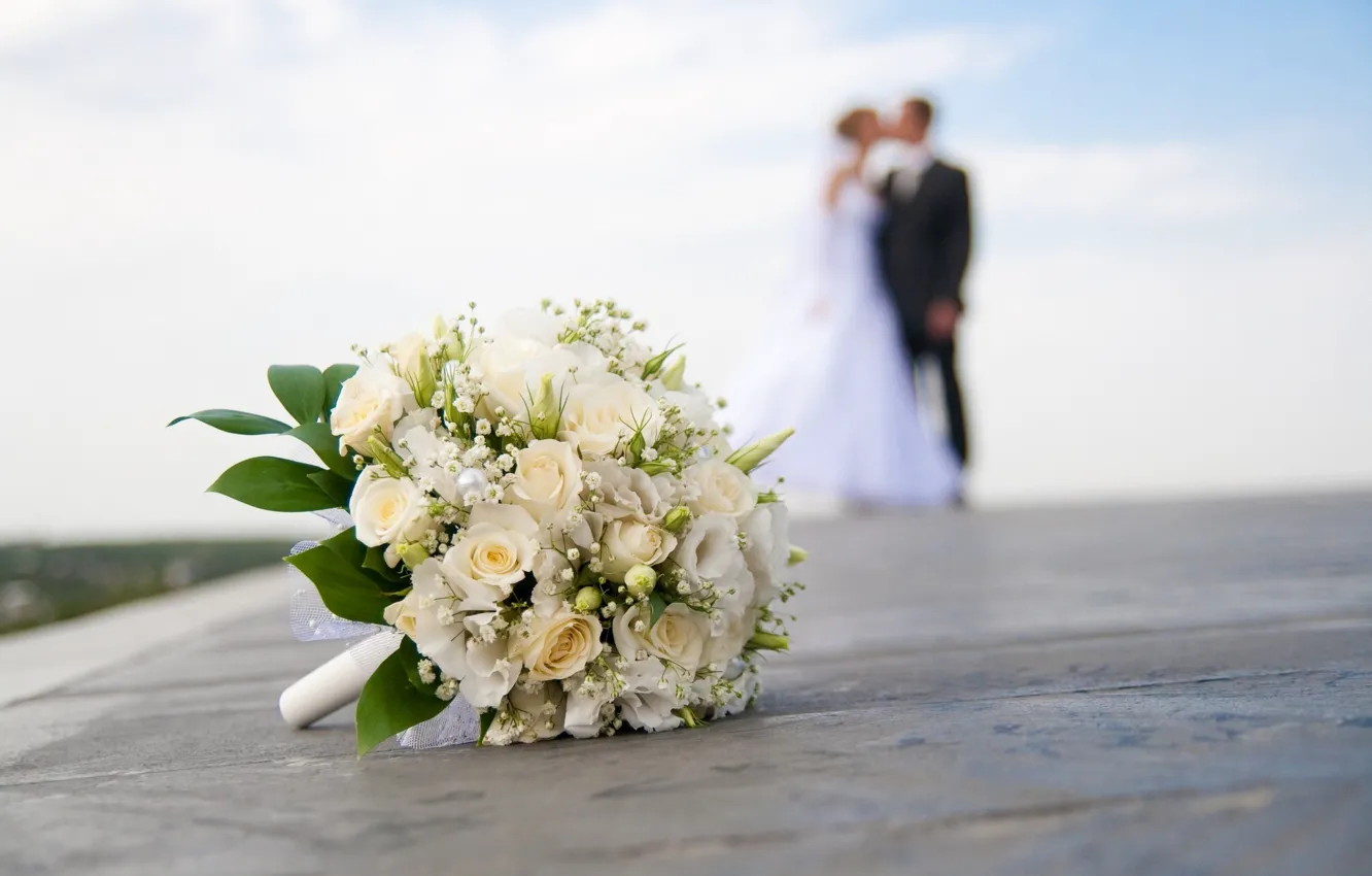 Photo wallpaper close-up, blur, the bride, wedding, the groom, wedding bouquet