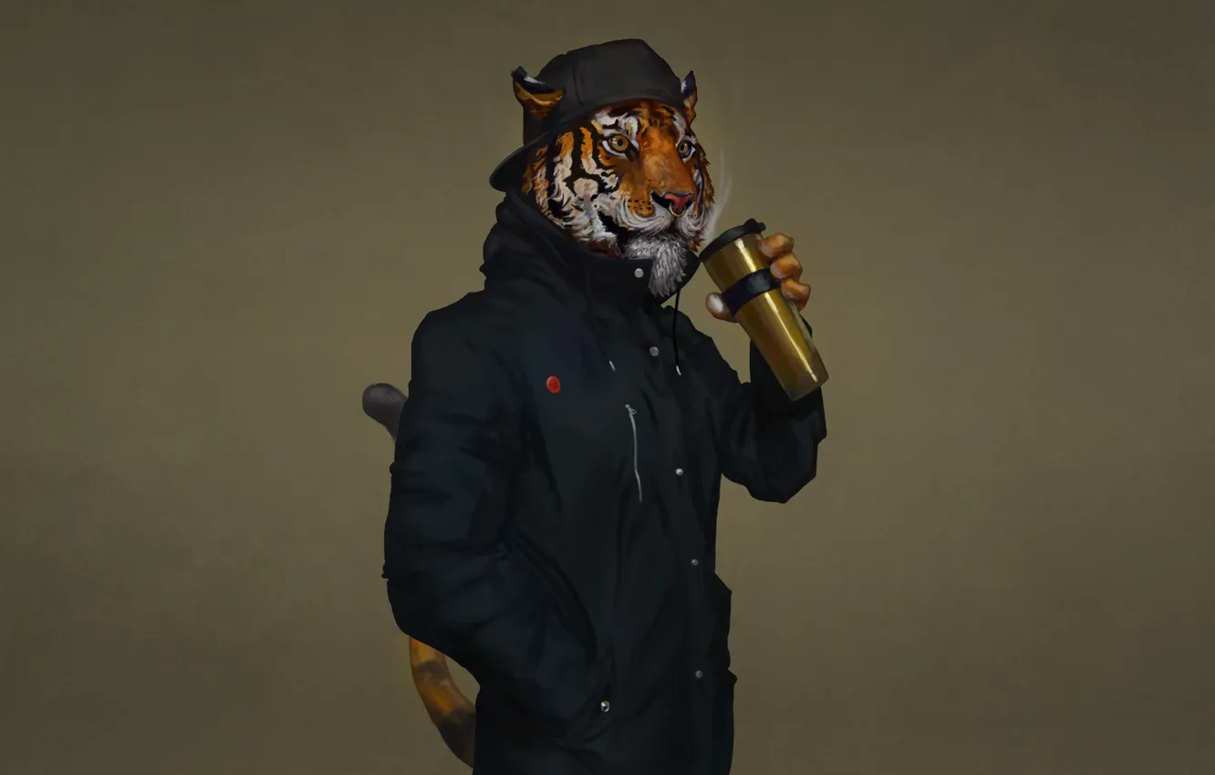 Photo wallpaper cat, tiger, style, background, minimalism, art, Cup, style