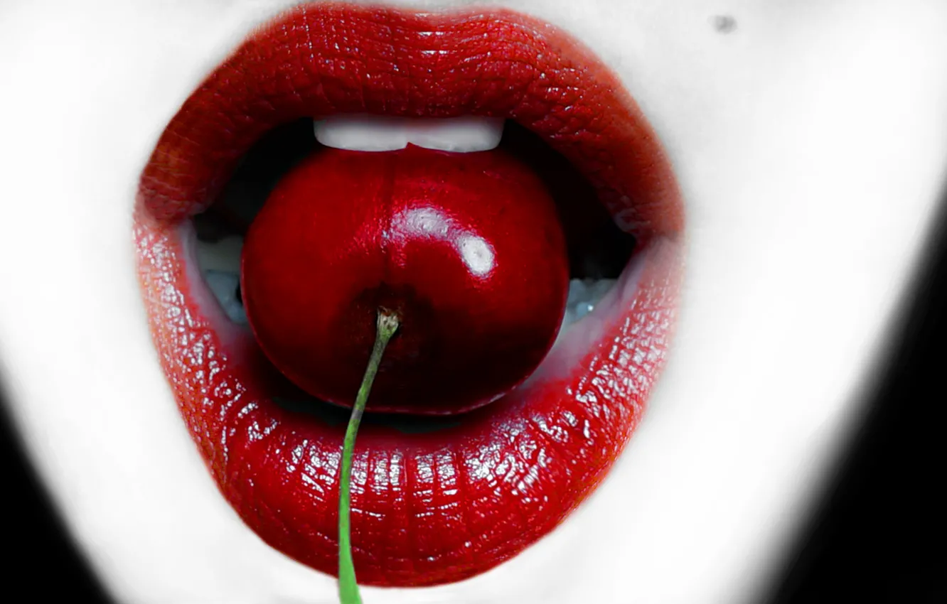 Photo wallpaper macro, cherry, mouth