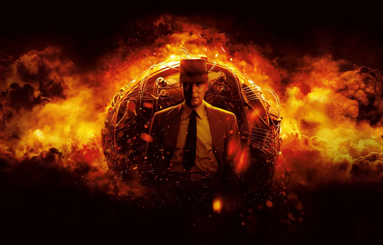 Photo wallpaper fire, smoke, power, weapons, dark background, scientist, nuclear bomb, J. robert oppenheimer