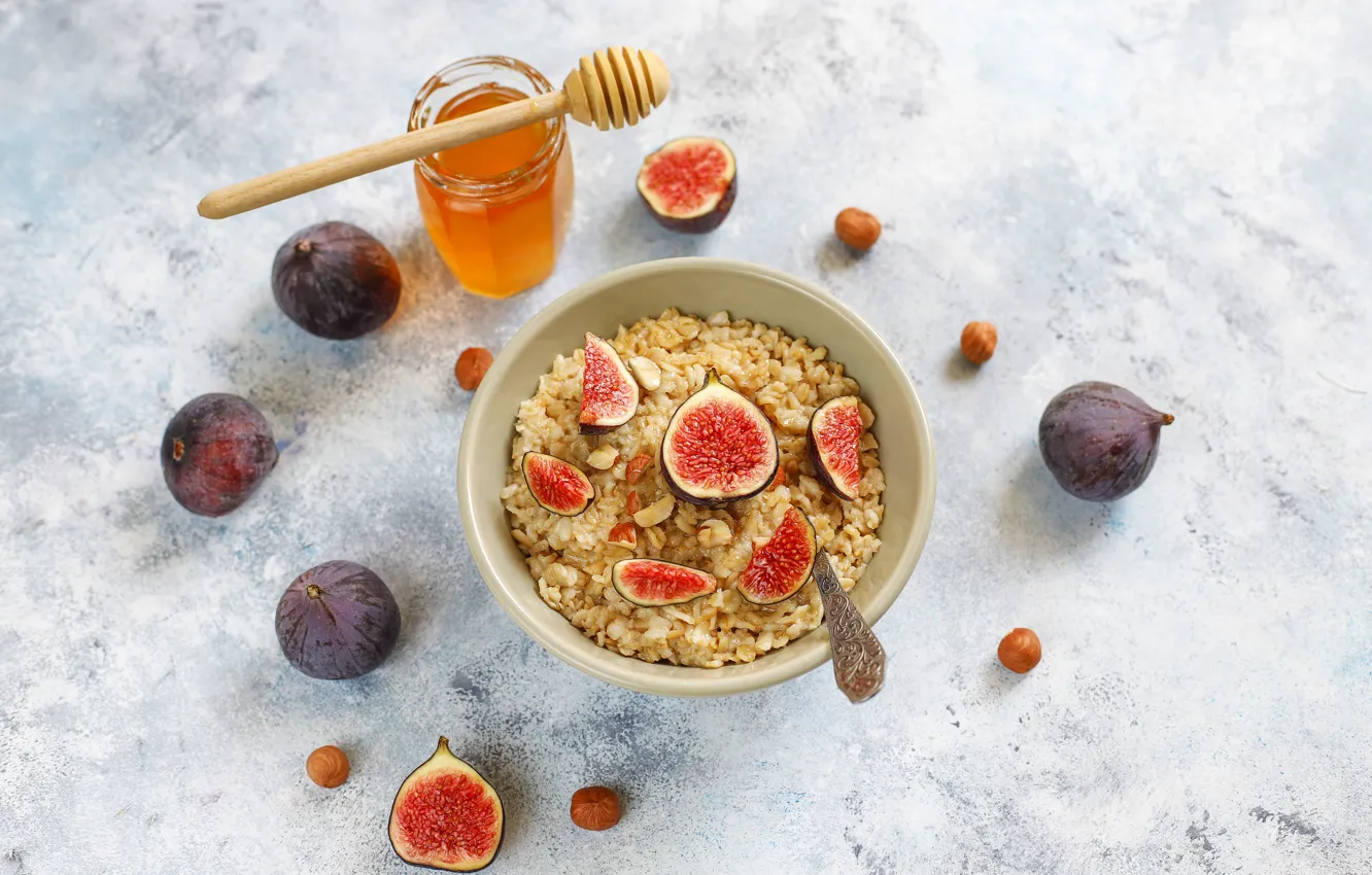 Photo wallpaper Breakfast, honey, breakfast, figs, oatmeal