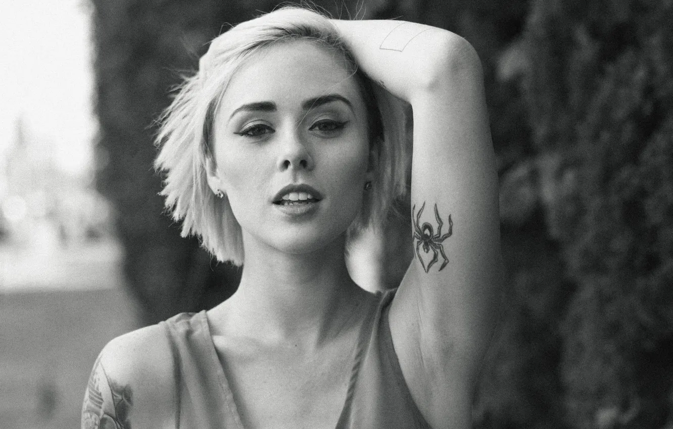 Photo wallpaper girl, sexy, blouse, woman, beautiful, model, tattoo, black and white