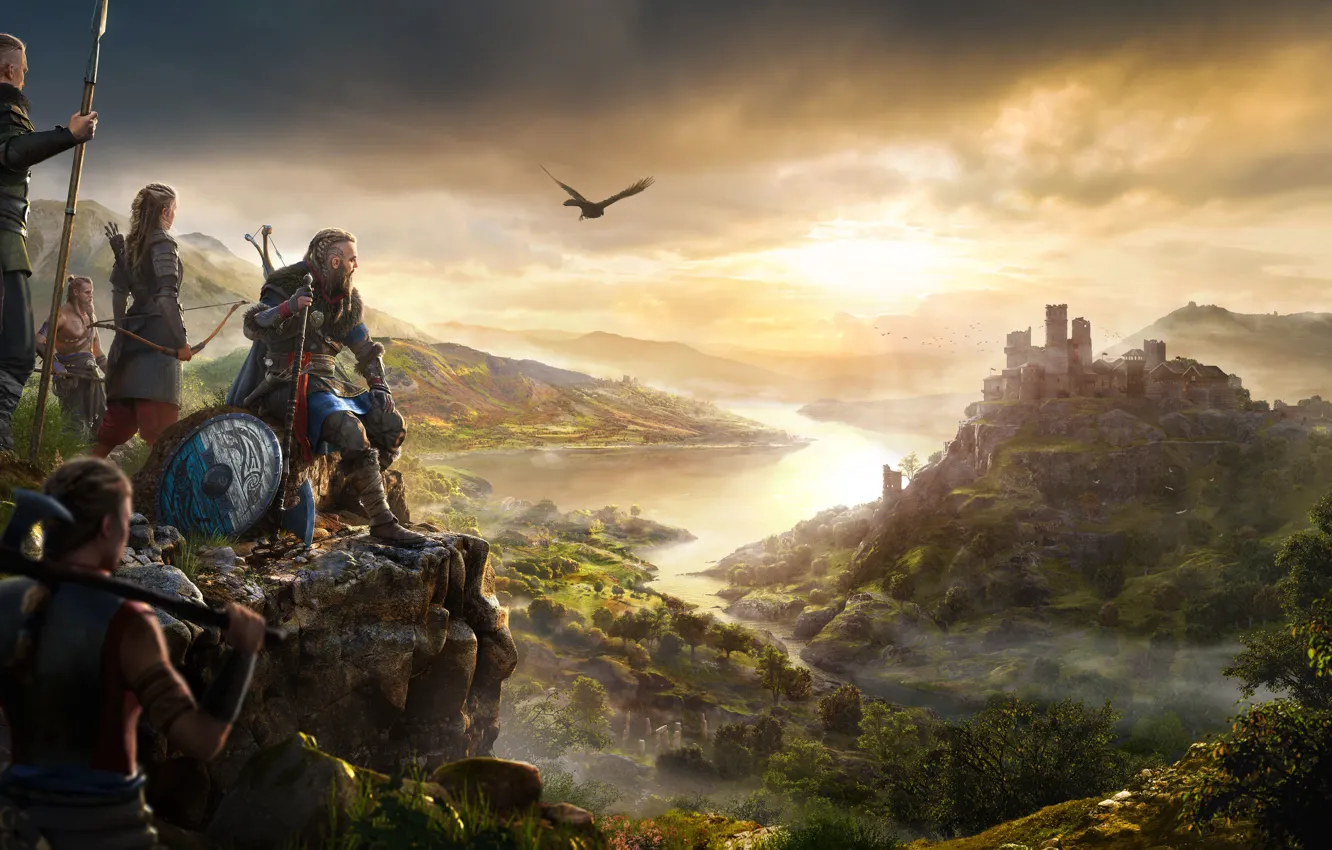 Photo wallpaper castle, bird, fortress, the Vikings, assassins, Assassin's Creed Valhalla