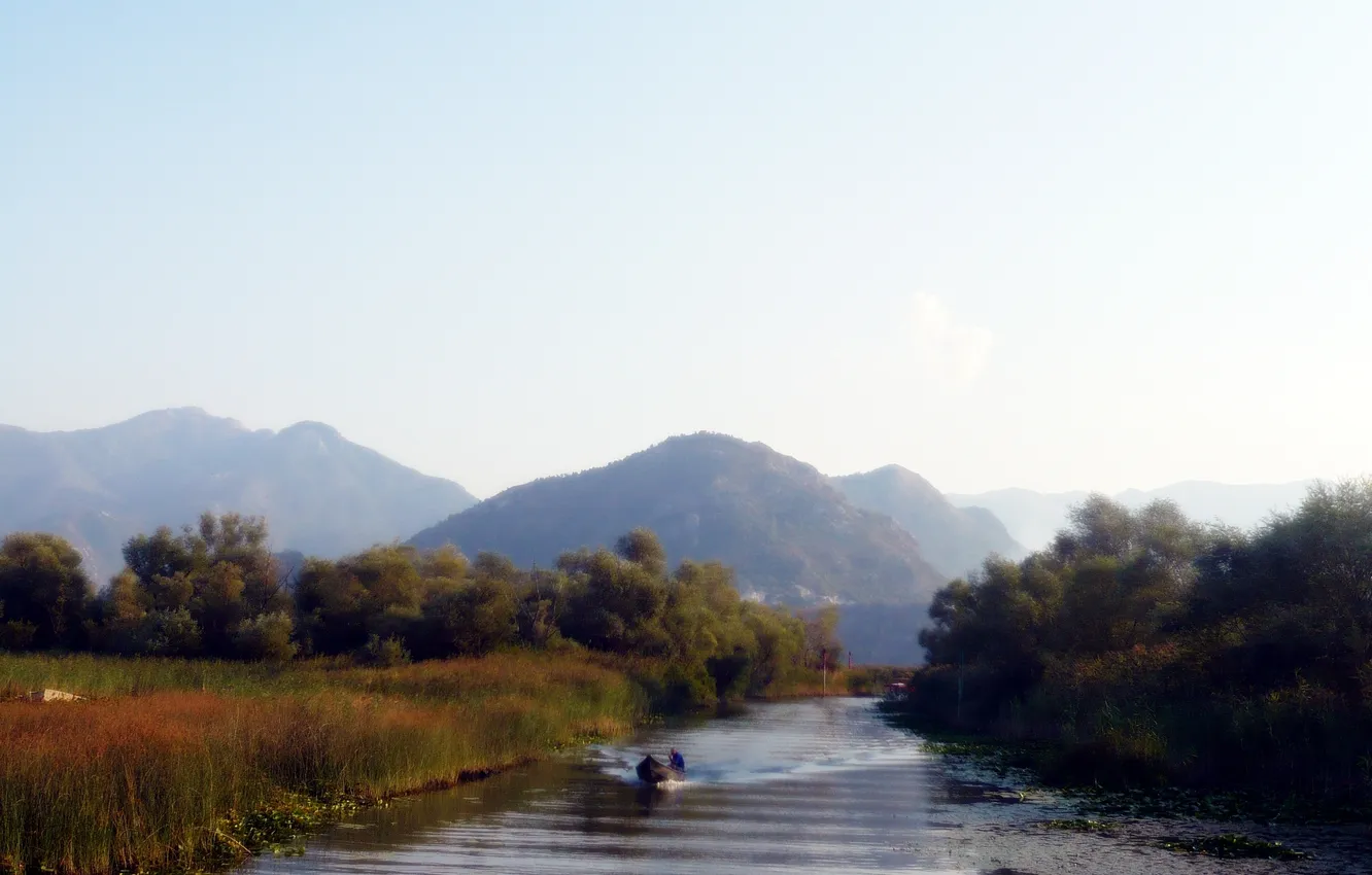 Photo wallpaper mountains, river, boat