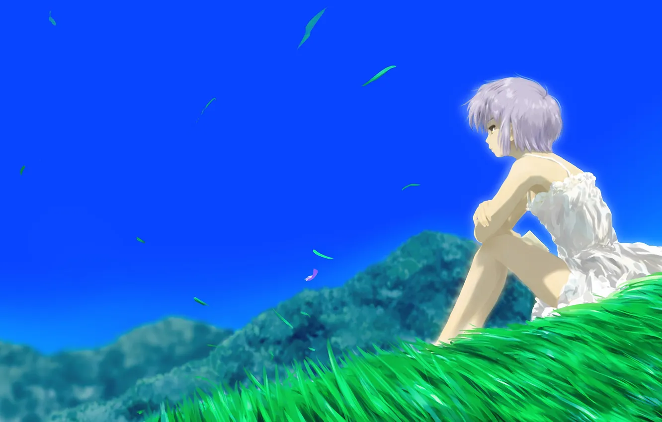 Photo wallpaper grass, girl, mountains, nature, nagato yuki, suzumiya haruhi no yuutsu