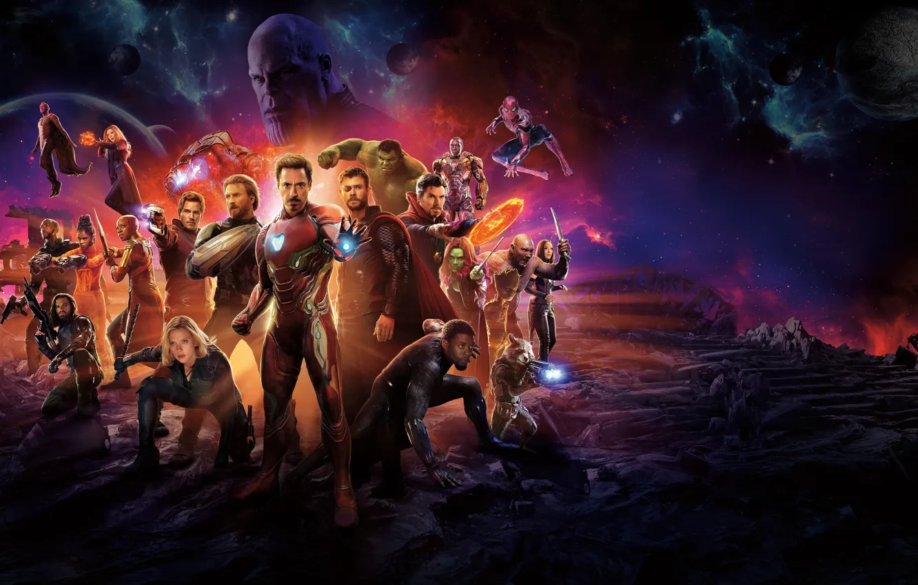 Photo wallpaper Scarlett Johansson, Infinity, Vision, Hulk, Nebula, Iron Man, War, Falcon