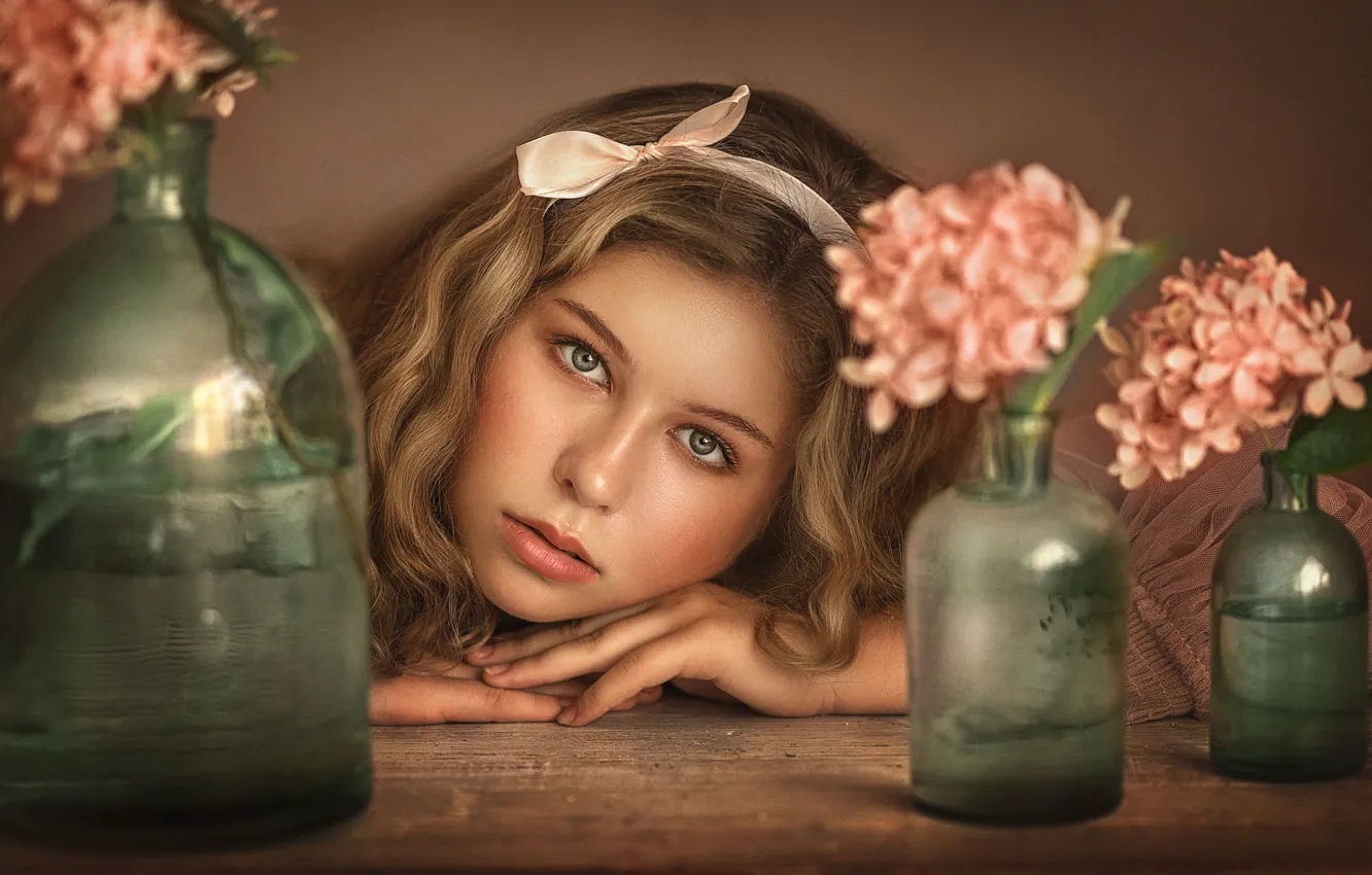 Photo wallpaper look, girl, flowers, face, mood, hair, portrait, bottle