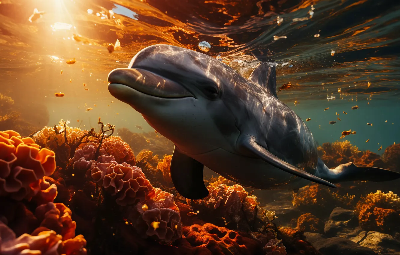 Photo wallpaper corals, dolphins, underwater world, digital art, AI art, The Art of Artificial Intelligence, neural network