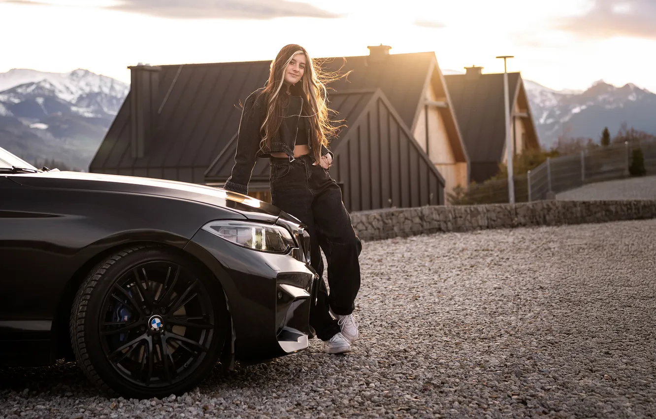 Photo wallpaper auto, girl, sunset, pose, photo, hair, jeans, Bmw