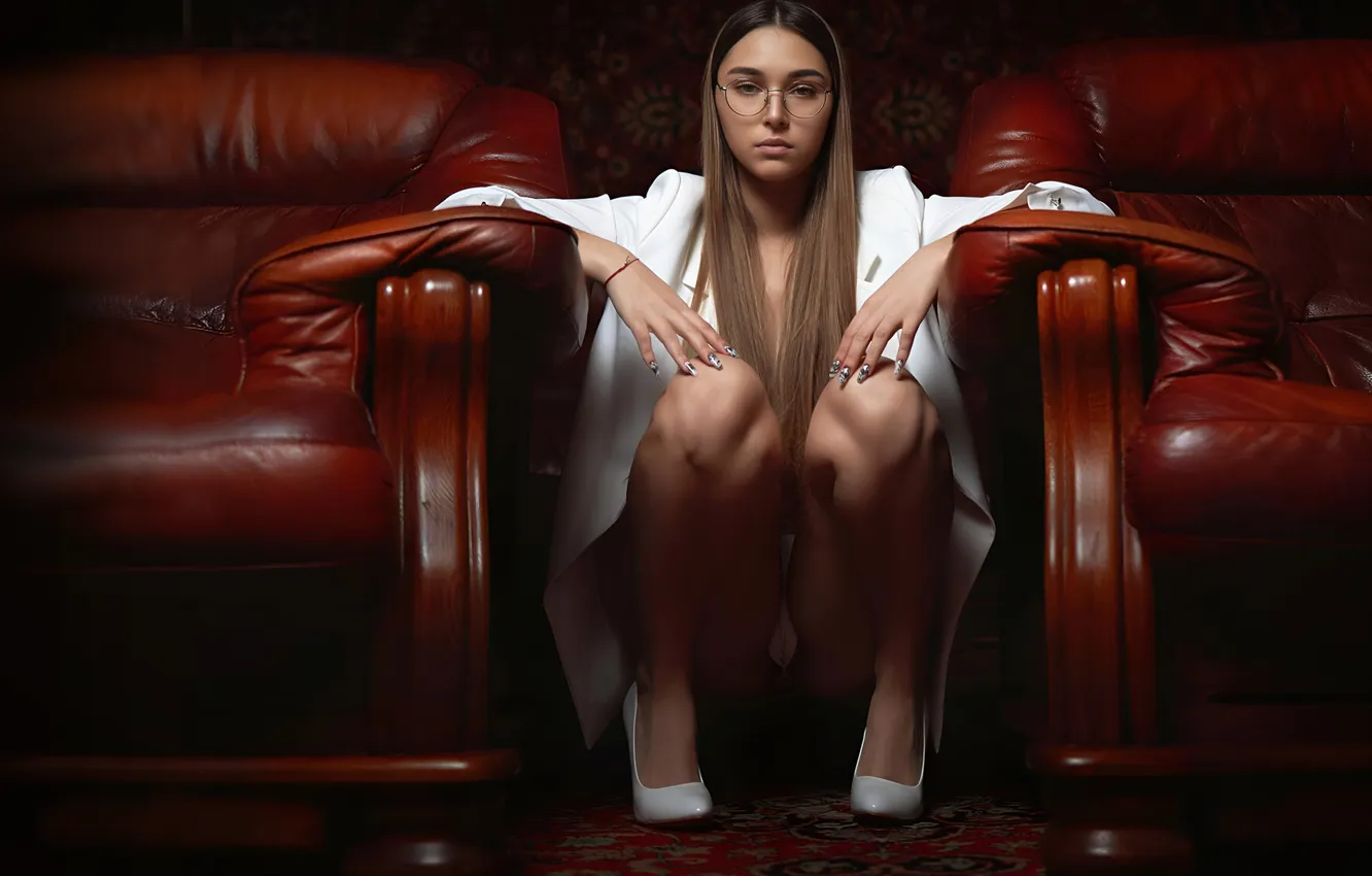 Photo wallpaper girl, pose, the dark background, chair